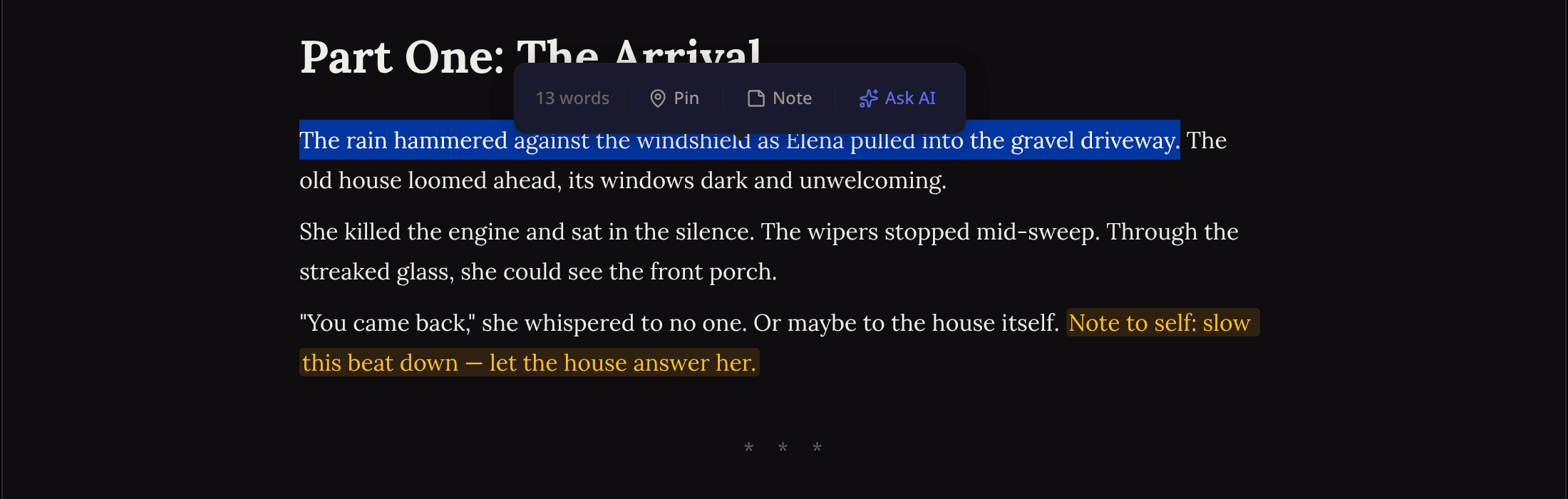 Colored author note text in the chapter editor with the selection toolbar showing a word count